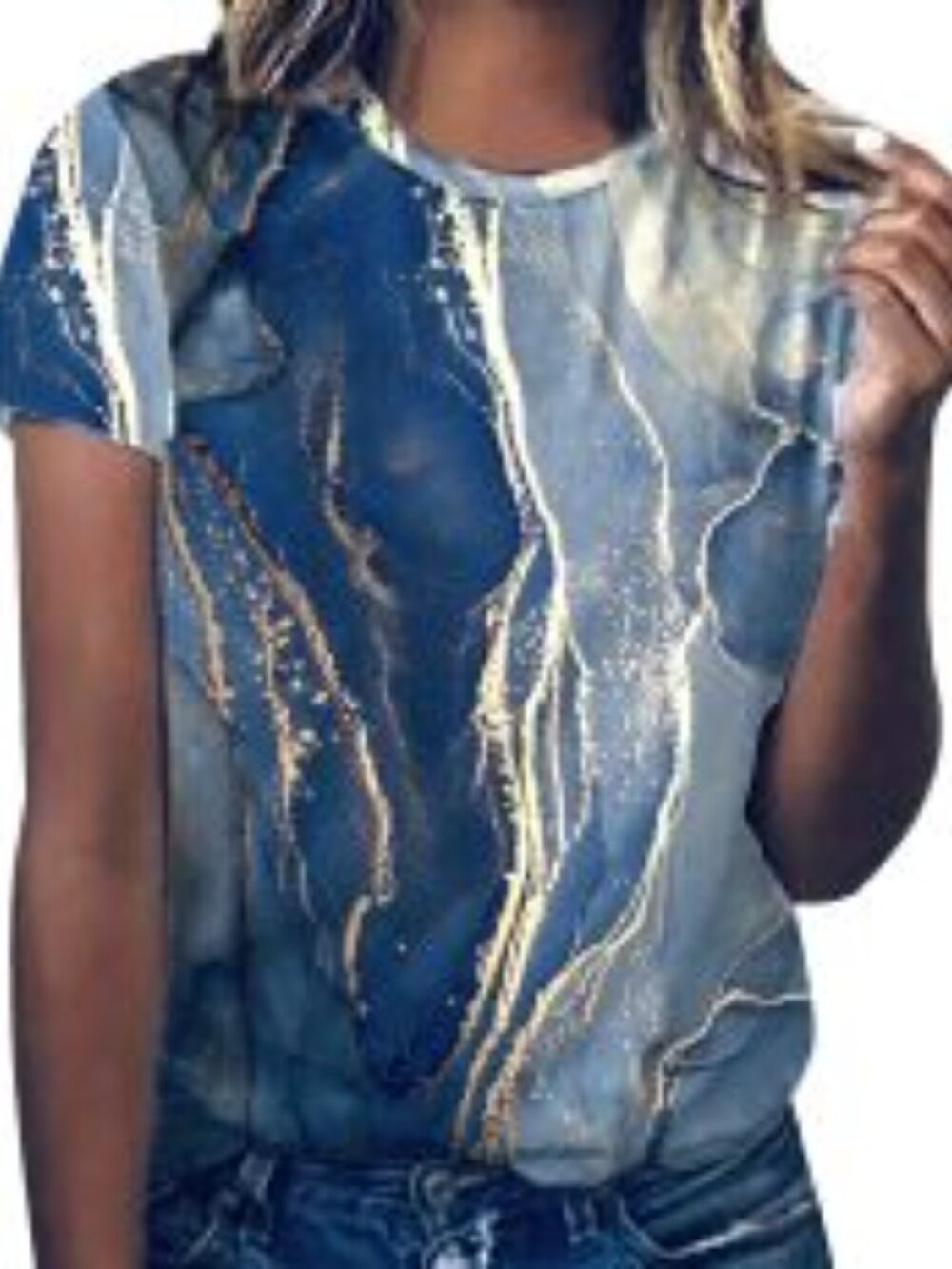 Women's Short Sleeve Crew Neck Top Shirt Electric Gold & Blue Marble Print Sz M
